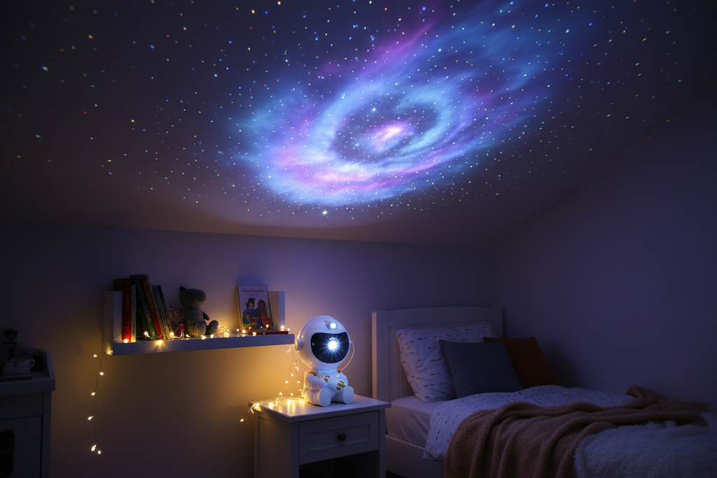 Projecteur Astronaute LED GalaxyMood™ projetant un ciel magique dans une chambre enfant
