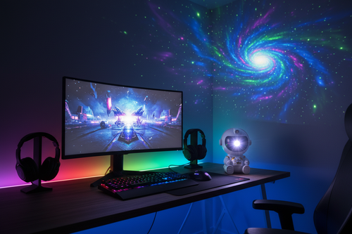 Projecteur Astronaute LED GalaxyMood™ dans un setup gaming avec projection galaxie