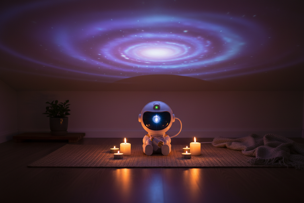 Projecteur Astronaute LED GalaxyMood™ dans une ambiance méditation avec projection galaxie douce